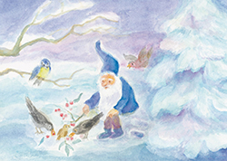 Postcard: DS5530 Dwarf feeds the birds in the snow