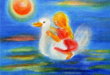 Postcard: Girl riding on duck